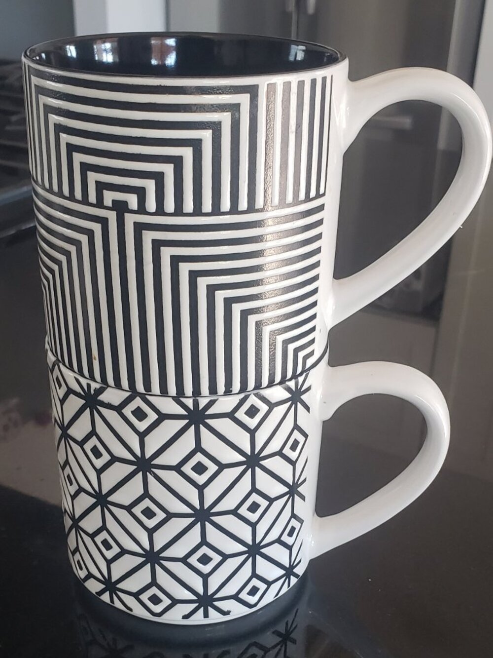 Graydon Hall Geometric Embossed Glaze Mug Black & White Coffee Cups - Set of 2